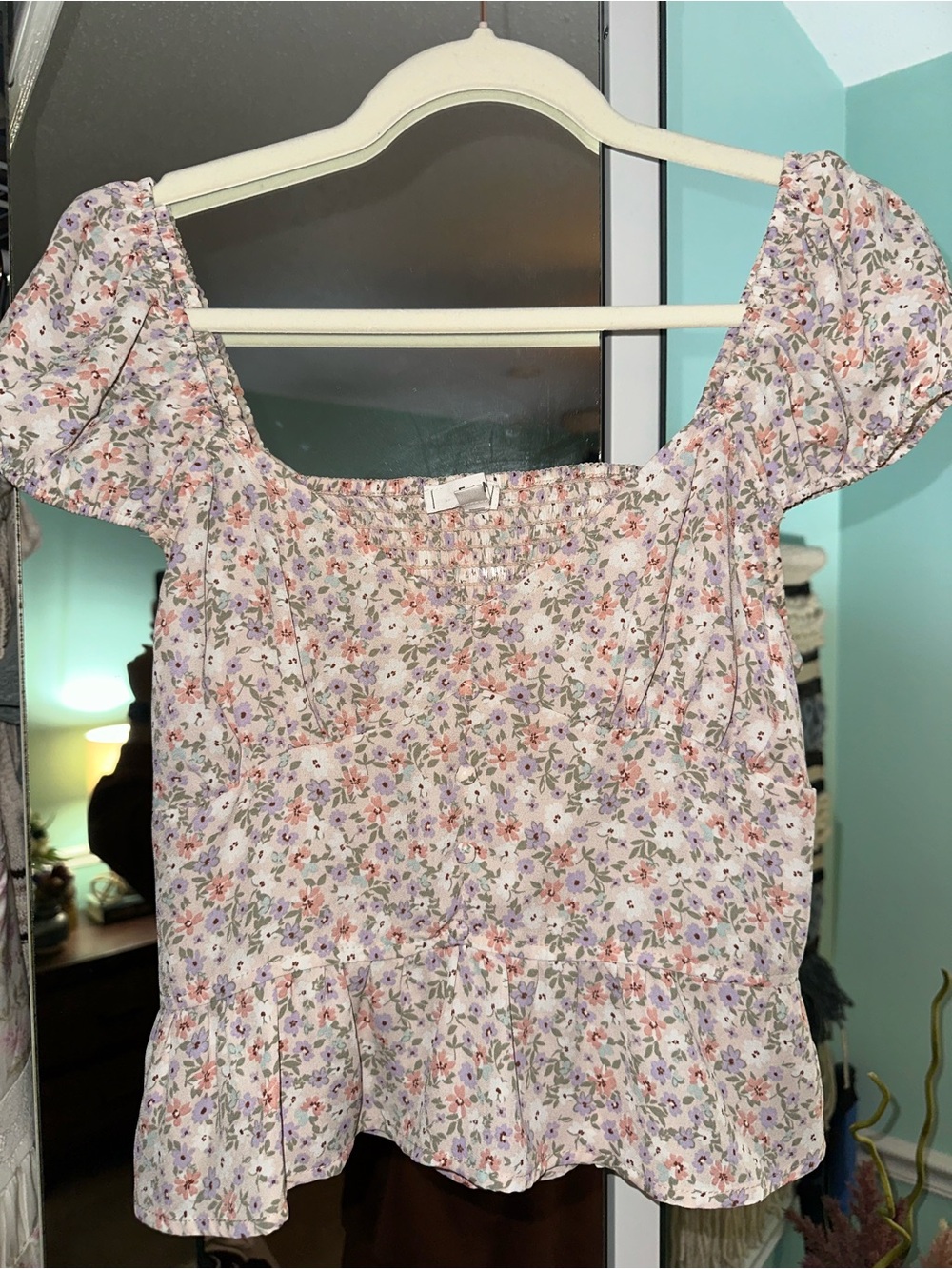 Floral Puff-Sleeve Peplum Top - Light Lavender Floral